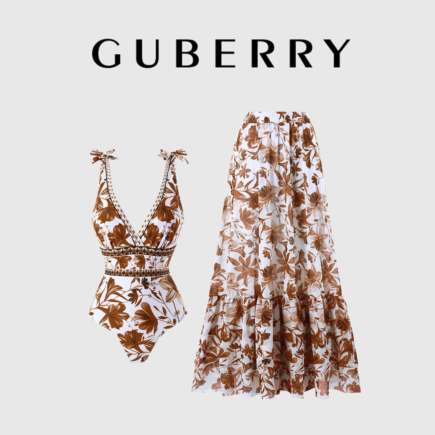 GUBERRY泳装复古深V时尚气质性感比基尼泡温泉度假连体泳衣长裙子