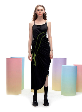 ANGEL CHEN陈安琪 原创设计 吊带黑色a字不规则连衣裙女夏