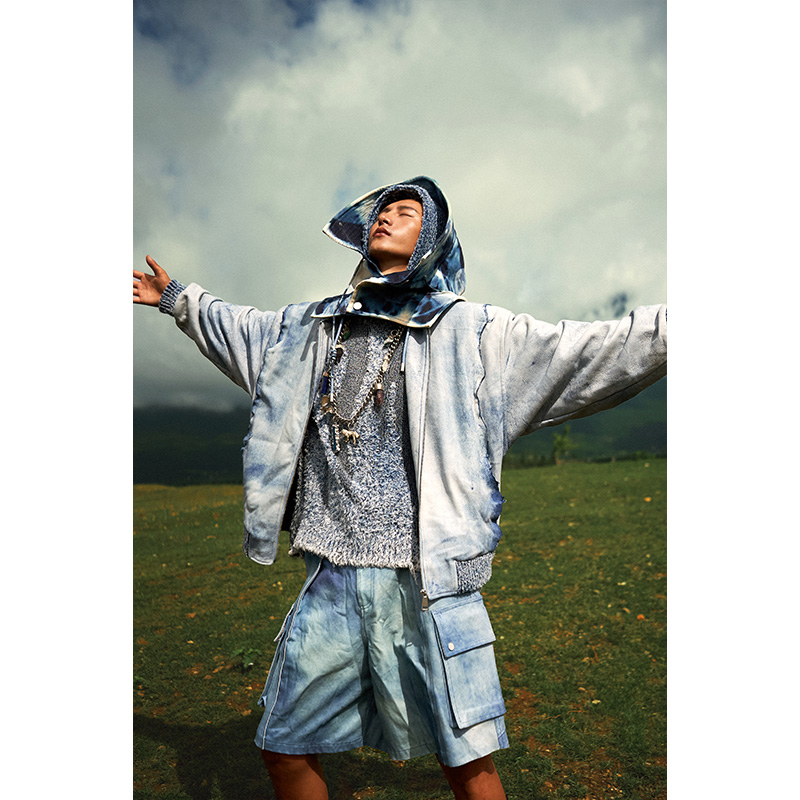 ANGEL CHEN陈安琪 AW24 蓝染羊皮拼接短裤