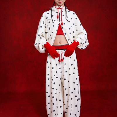 ANGEL CHEN设计师品牌陈安琪 SS26 米白波点兽角连帽短款卫衣套装