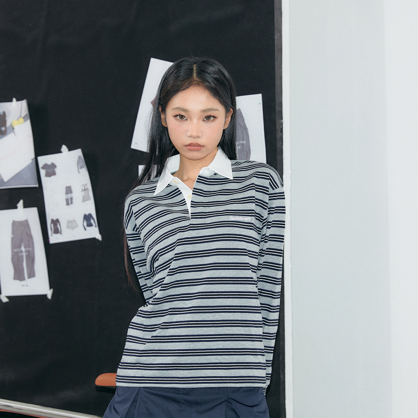 11E “入学日”300g纯棉针织宽松条纹翻领长袖POLO衫外套男女同款