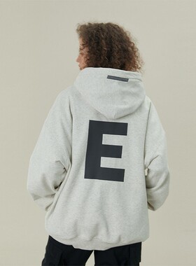11E“E”秋冬重磅美式复古男女背后印花字母logo连帽卫衣外套帽衫