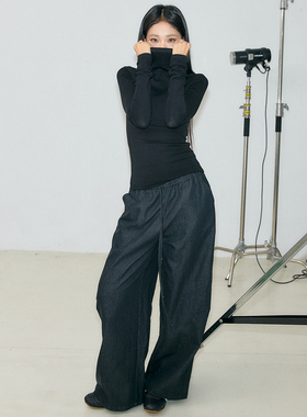 11E “心机作弊裤“宽松阔腿松紧腰廓形分割抽绳休闲长裤原牛裤