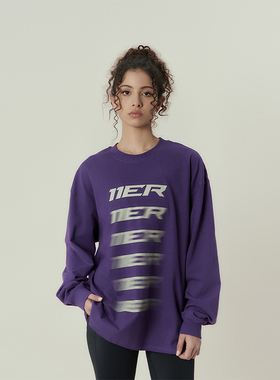 11E 美式高街情侣幻影模糊印花“11ER”260g休闲纯棉长袖T恤男女