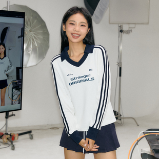 11E “课间”学院风条纹撞色polo领卫衣秋宽松长袖上衣男女同款