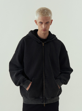 11E 水洗做旧拉链卫衣复古廓形基础水洗做旧落肩连帽拉链卫衣