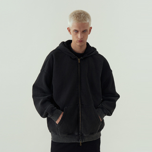 11E 水洗做旧拉链卫衣复古廓形基础水洗做旧落肩连帽拉链卫衣