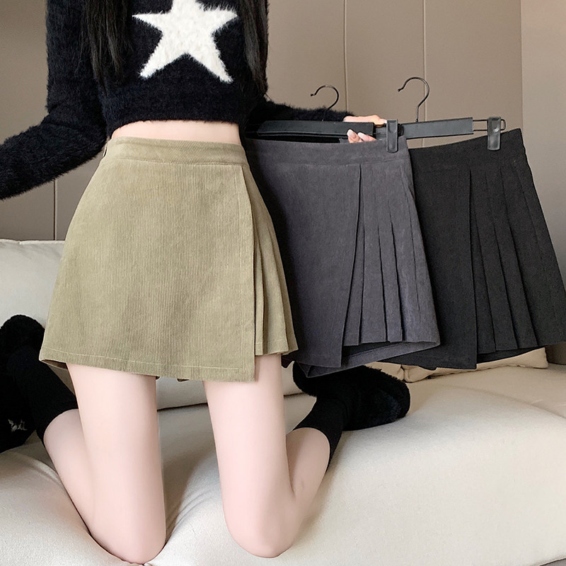 裙裤女短款秋冬A字百褶灯芯绒气质显瘦辣妹高腰半身裙短裤二合一