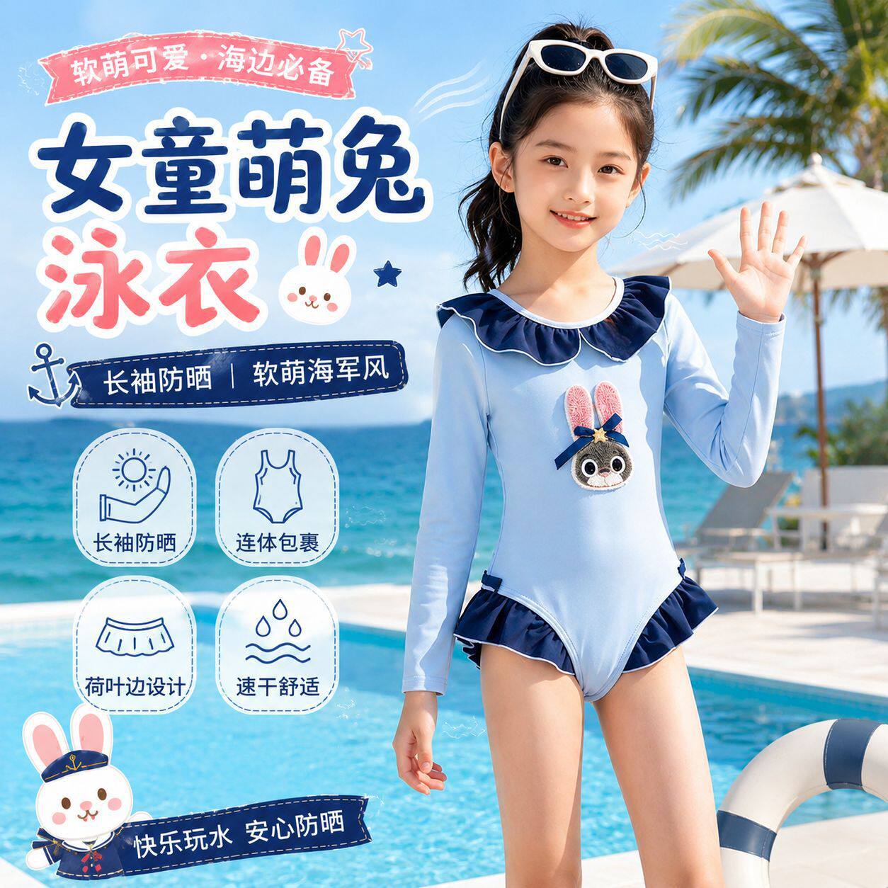 女童泳衣朱迪2026新款夏季连体儿童速干兔子警官防晒长袖女孩泳装