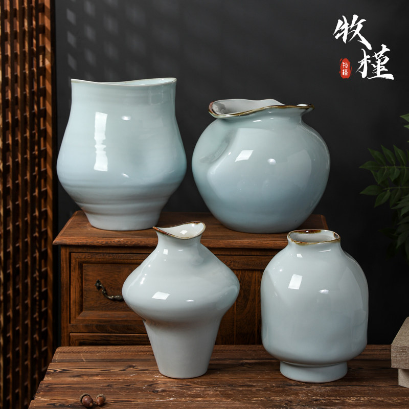 景德镇陶瓷花瓶龙泉青瓷花器天青色客厅插花干花装饰摆件陶罐花盆图片