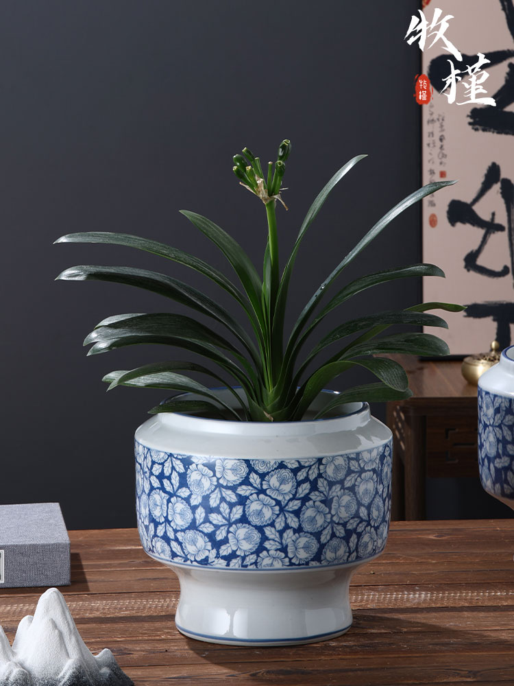 景德镇青花瓷陶瓷花盆中国风家居高端大型盆景蝴蝶兰、Clivia、兰