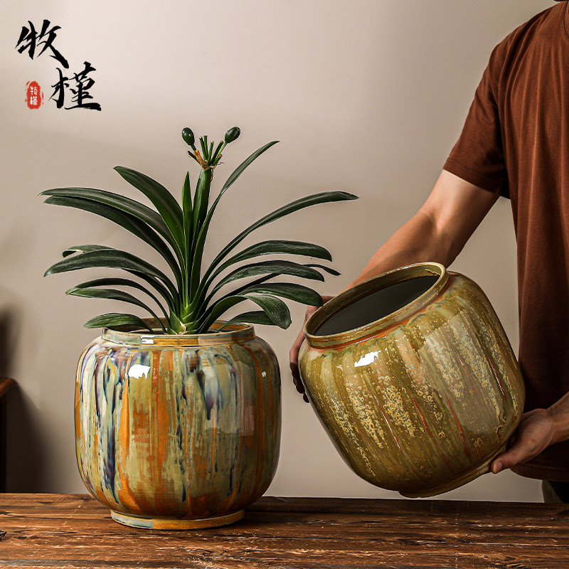 景德镇新中式陶瓷花盆家用客厅流釉南瓜造型兰花君子兰盆栽专用盆