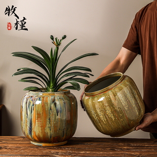景德镇新中式陶瓷花盆家用客厅流釉南瓜造型兰花君子兰盆栽专用盆