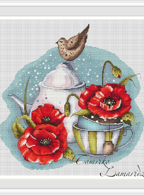 公主绣铺DMC自配套件纯棉线精准印花套件201215虞美人小鸟