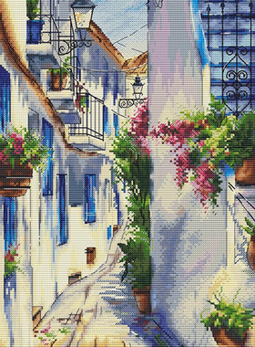 公主绣铺DMC自配套件纯棉线精准印花套件200708希腊阳光鲜花小巷