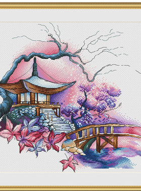 公主绣铺DMC自配套件纯棉线精准印花套件200611樱花亭桥