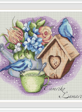 公主绣铺DMC自配套件纯棉线精准印花套件201216绣球花小鸟咖啡