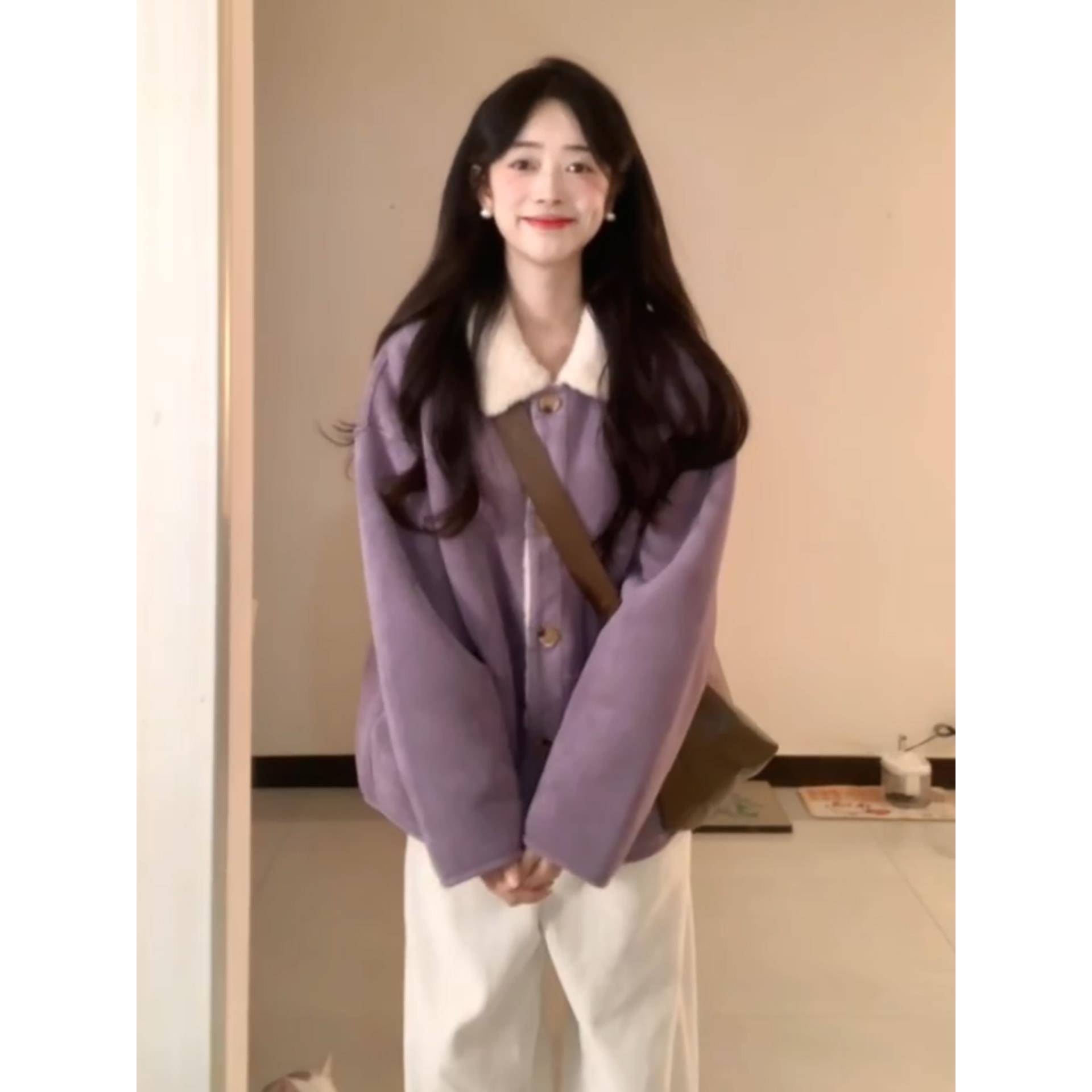 紫色冬季外套女2025新款宽松百搭麂皮一体翻领加绒加厚保暖羊羔毛