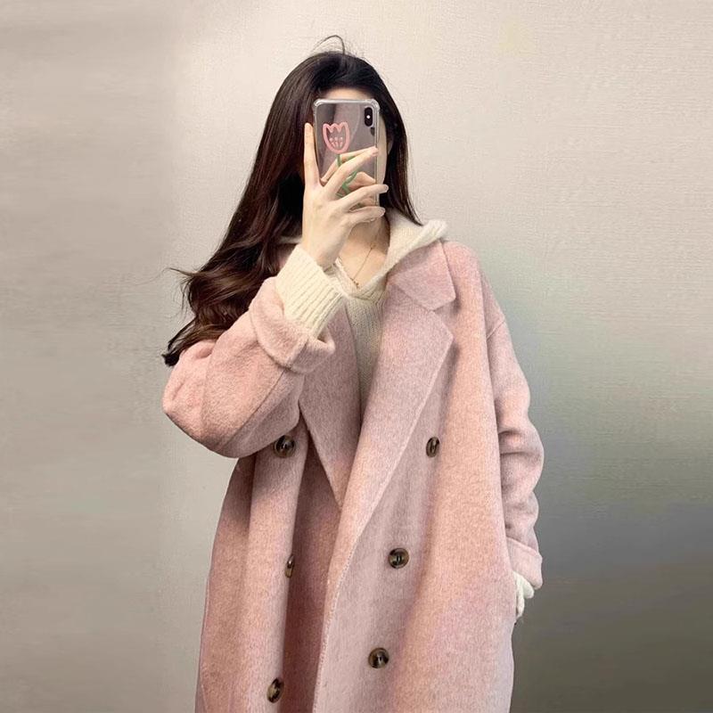 三纹鱼粉双面羊绒大衣女秋冬2025高级感中长款毛呢外套小个子大衣