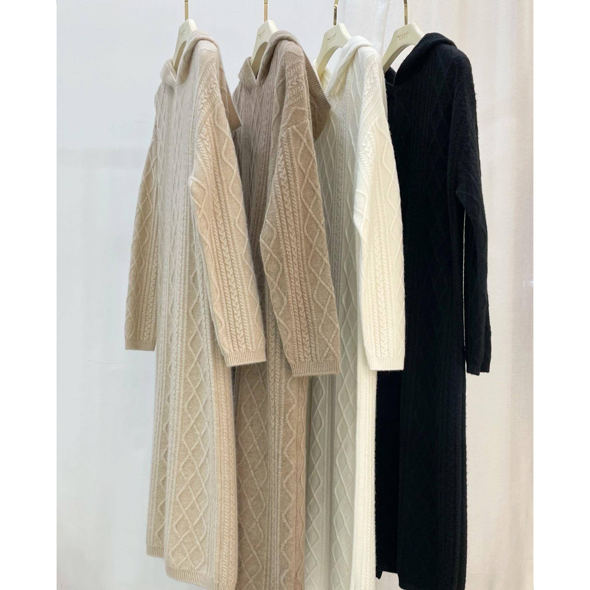 冬季大克重绞花款女士韩系休闲版纯山羊绒连帽针织连衣裙都市风