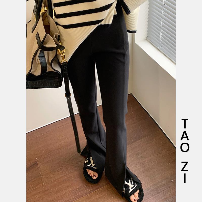 开叉西装高弹力秋冬加绒2025新款高腰垂感裤子显瘦休闲微喇叭裤女