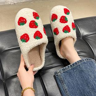 月子棉拖鞋 女秋冬季 可爱草莓室内居家用防滑软底保暖毛绒包头拖鞋