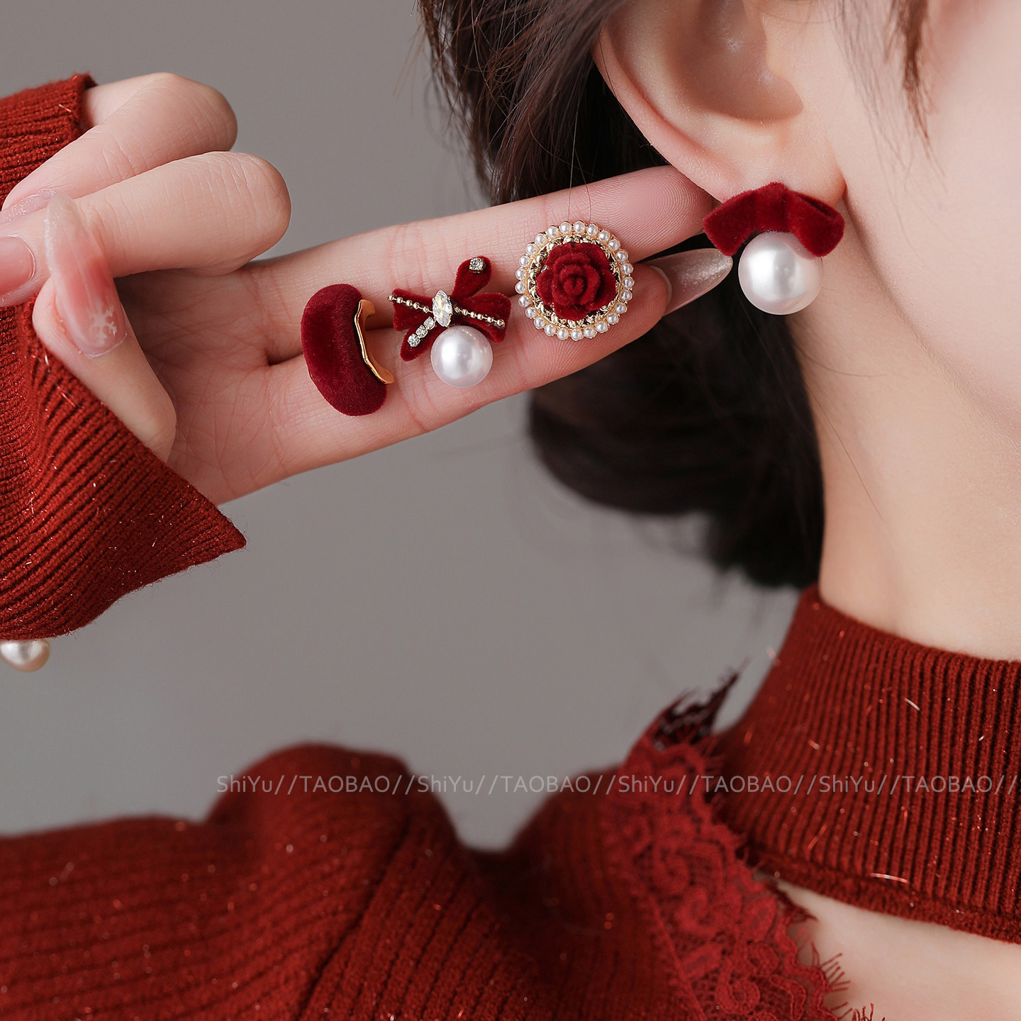 诗娱2026新款复古红色丝绒珍珠耳环女款秋冬轻奢气质耳钉新年耳饰,饰品/流行首饰/时尚饰品新,耳钉,淘宝优惠券,粉丝福利购,淘宝优惠卷