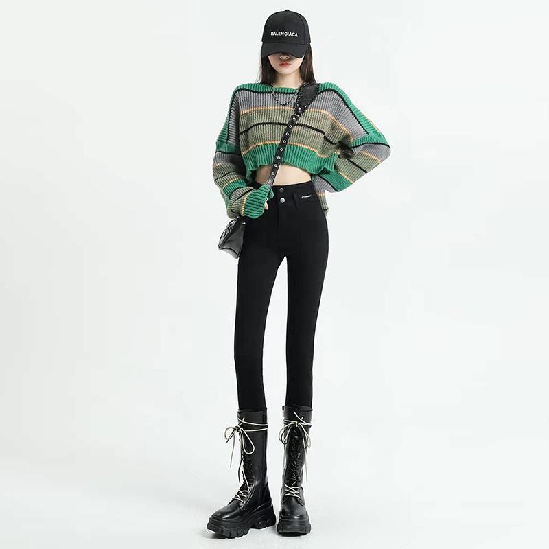 超高腰黑色小脚牛仔裤女2025年新款秋冬加绒高弹力紧身显瘦铅笔裤