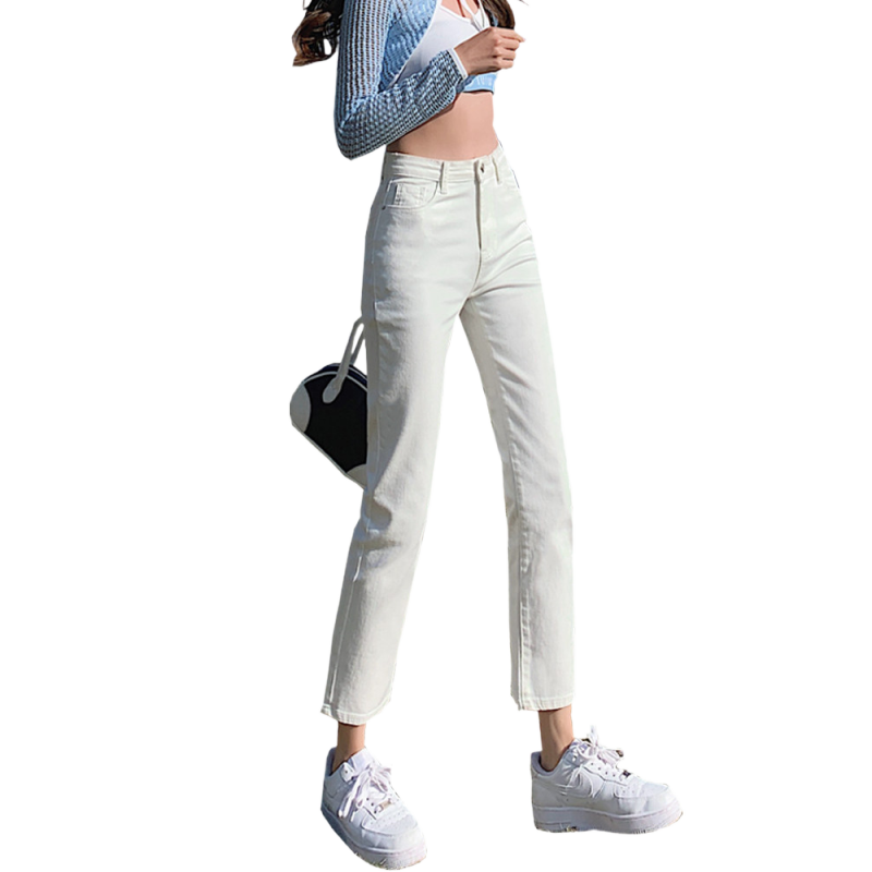 白色直筒牛仔裤女高腰显瘦2025夏季新款小个子显高八九分烟管裤子