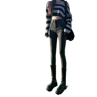 烟灰色高腰小脚牛仔裤女2026年秋季新款显瘦修身紧身铅笔裤冬加绒