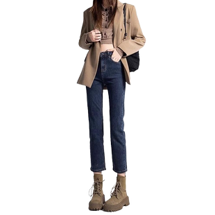 蓝灰高腰直筒牛仔裤女春夏2026年新款修身显瘦小个子窄版烟管裤冬