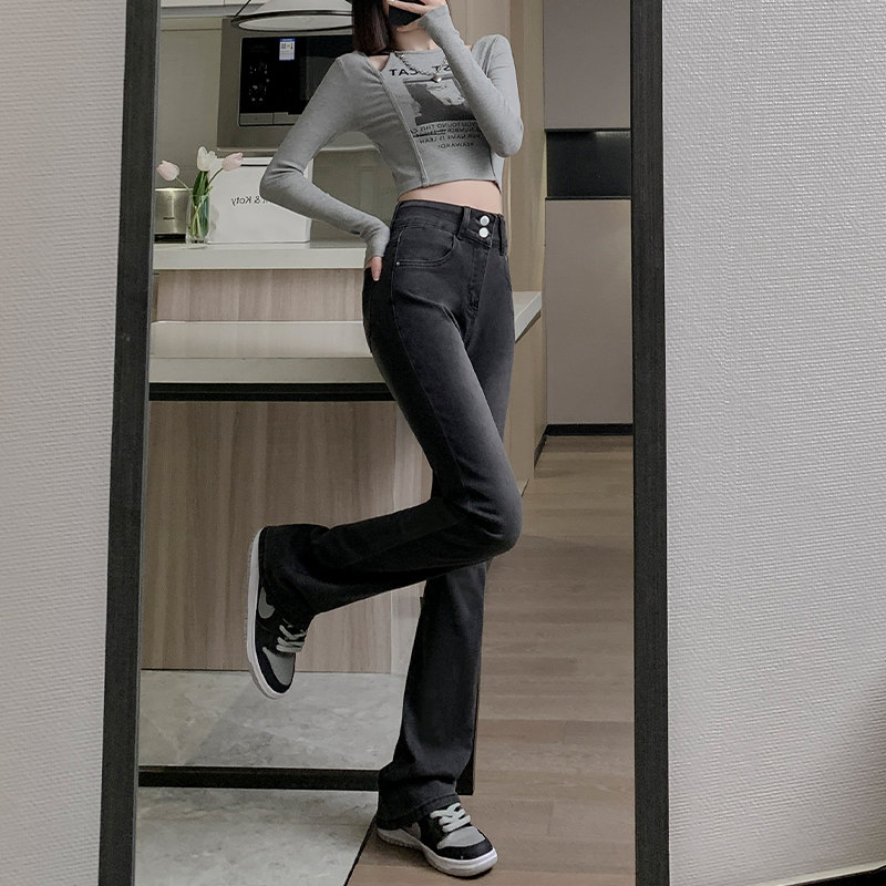 黑灰高腰双扣修身弹力拖地马蹄裤