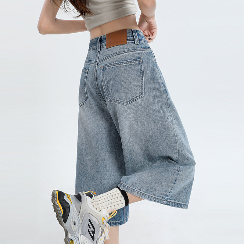 美式高腰浅色牛仔短裤女夏季薄款百搭七分裤小个子宽松阔腿7分裤