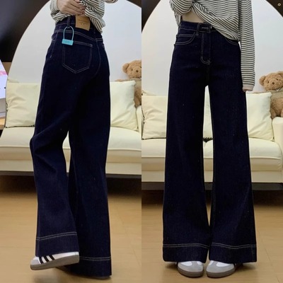 丹宁蓝不贴腿大码垂感拖地微喇裤