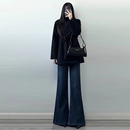 深蓝不贴腿微喇叭牛仔裤 女秋冬高个子遮胯显瘦高腰宽松阔腿拖地裤