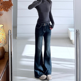 秋冬双扣弹力高腰收腹显瘦喇叭裤 女2025新款 子 加绒微喇牛仔裤 美式