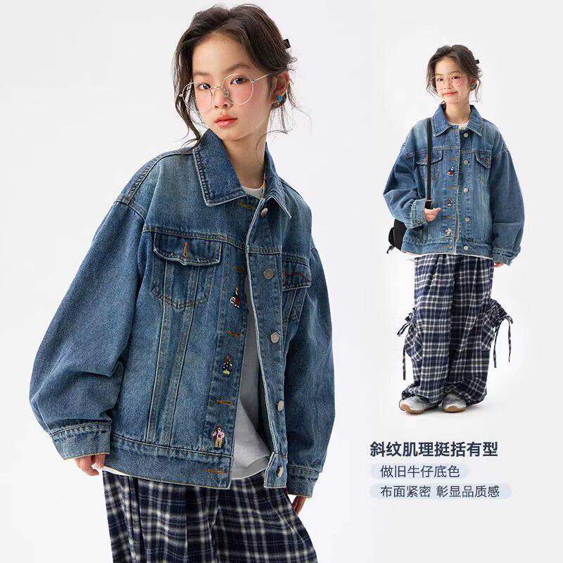 小猪班纳洋气时髦女童软牛仔外套春秋季新款女孩韩版刺绣时尚上衣
