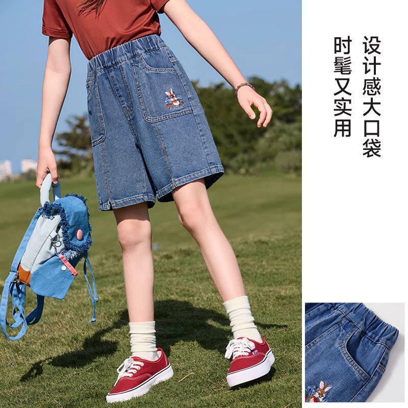 小猪班纳女童兔子绣花牛仔短裤夏季洋气儿童裤子中大童薄款休闲裤