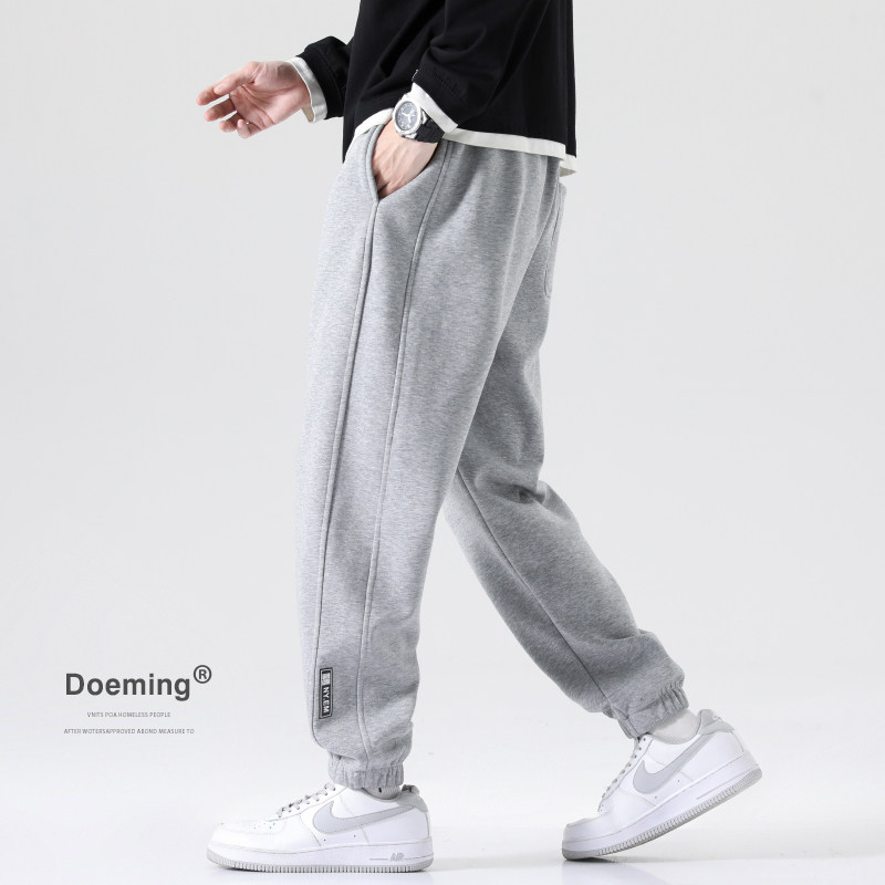 裤子男春秋款宽松男士运动裤束脚裤青少年针织休闲裤灰色加绒卫裤