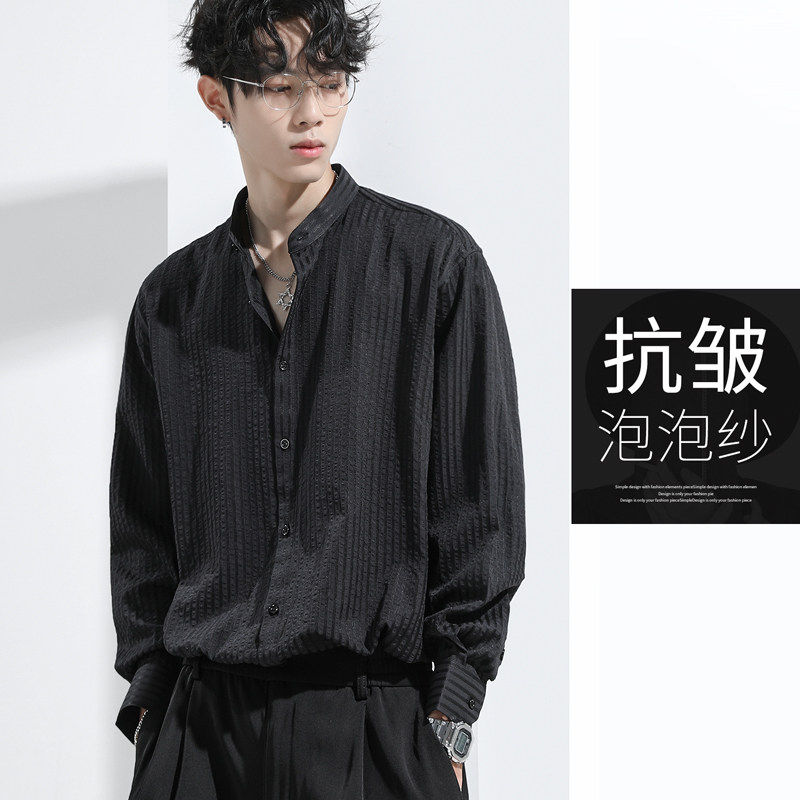秋季泡泡纱长袖衬衫男黑