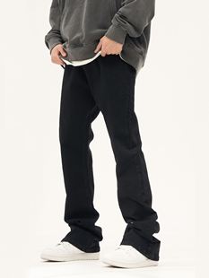 FLYOFF美式潮牌黑色微喇叭加绒牛仔裤弹力显瘦cleanfit长裤子男女