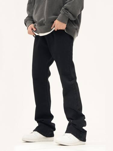 FLYOFF美式潮牌黑色微喇叭加绒牛仔裤弹力显瘦cleanfit长裤子男女