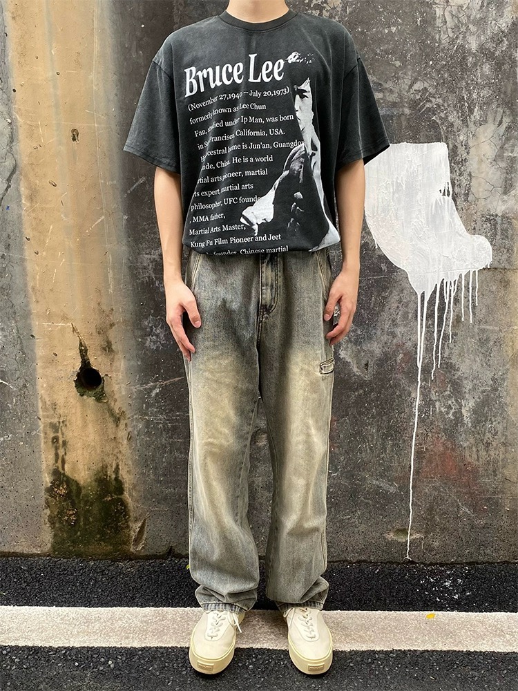 F2OCUS水洗做旧美式高街黄泥浅色直筒牛仔裤弹性宽松休闲百搭长裤