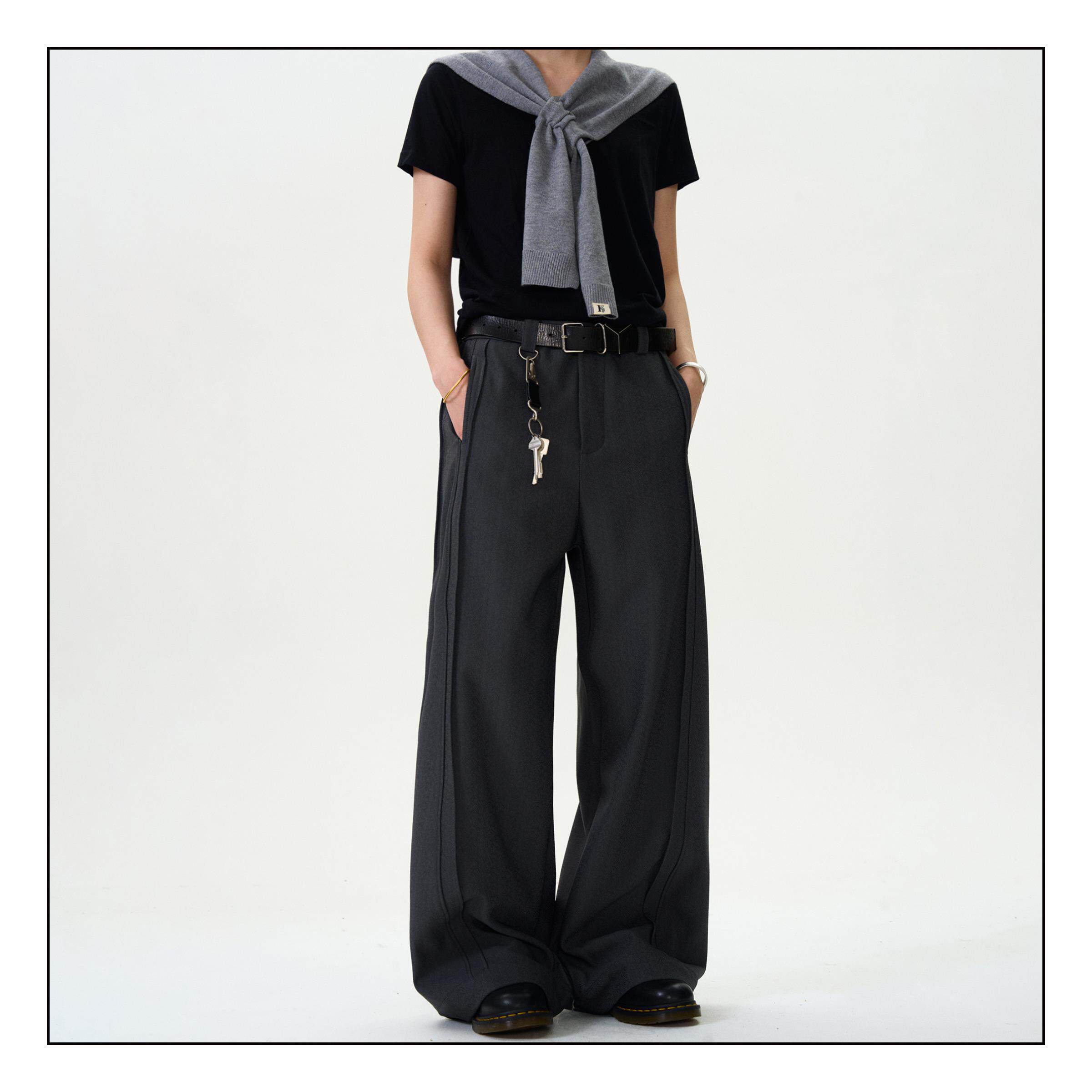 MADWITCH复古高级垂感双褶休闲西裤男女宽松直筒cleanfit阔腿裤子