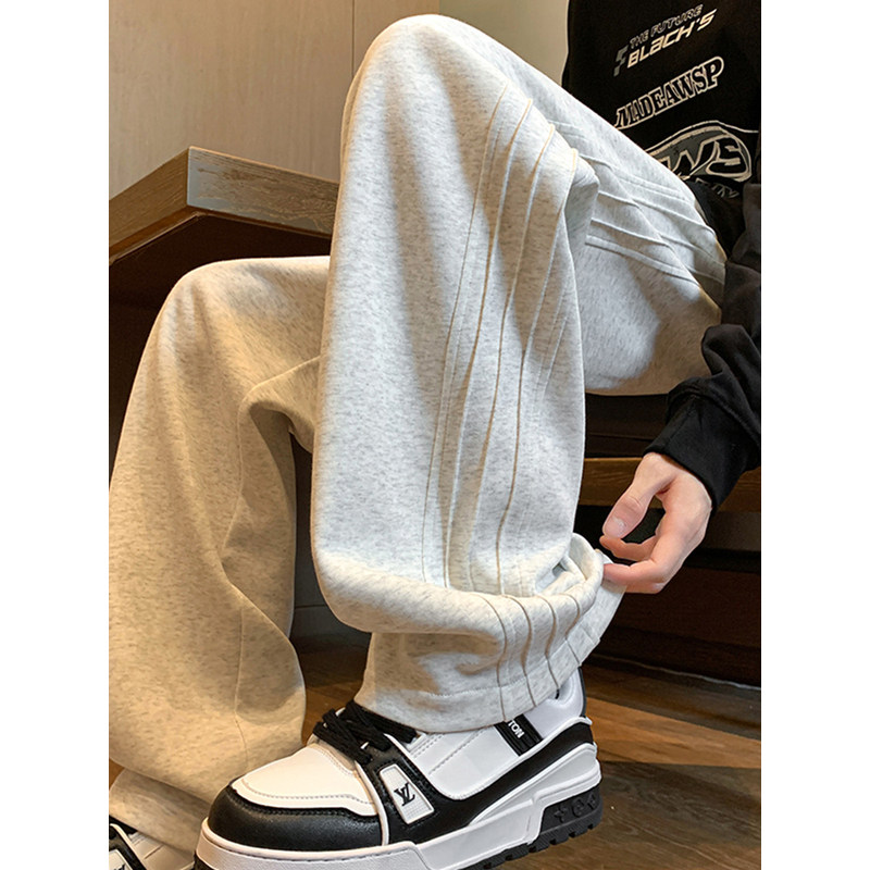 潮牌百搭运动卫裤男夏季美式复古灰色阔腿裤子青少年垂感休闲裤潮