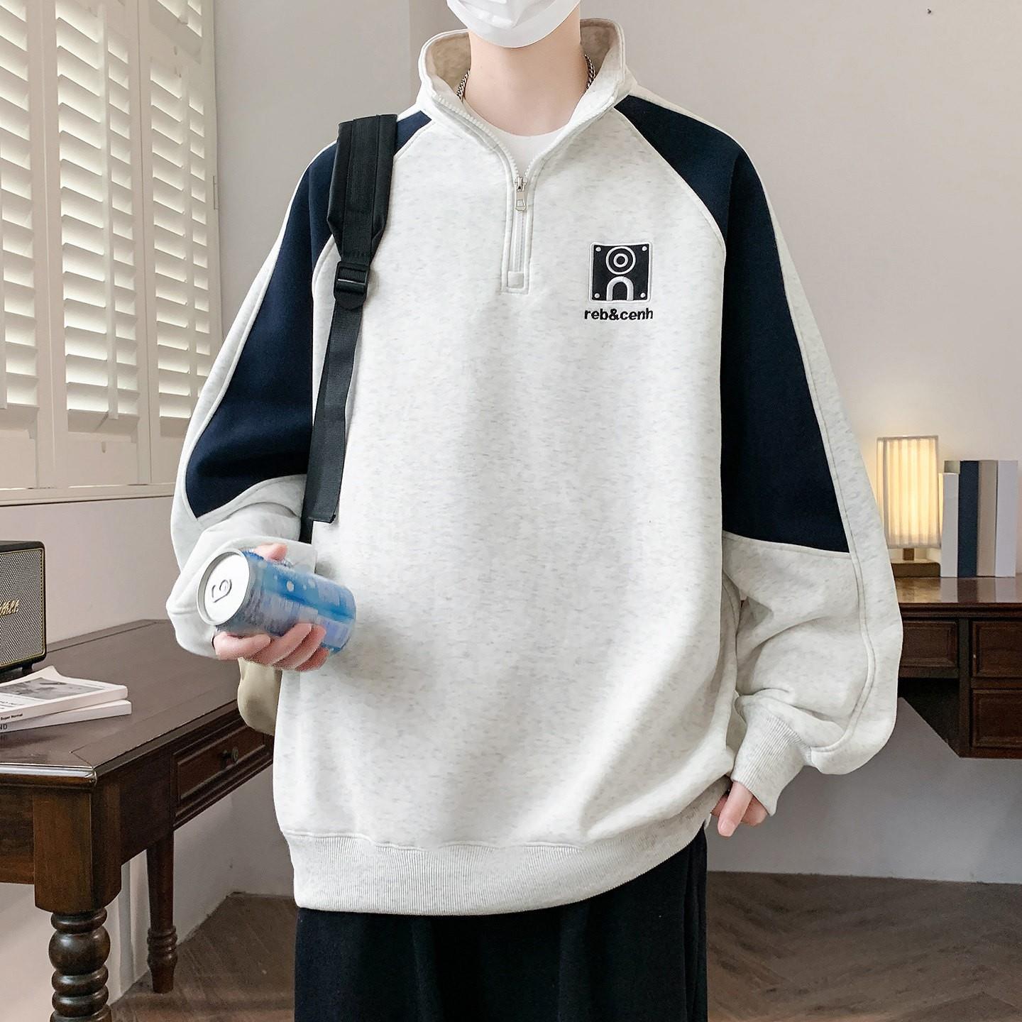 春秋季立领半拉炼卫衣男孩初中学生宽松百搭青少年大童打底衫上衣