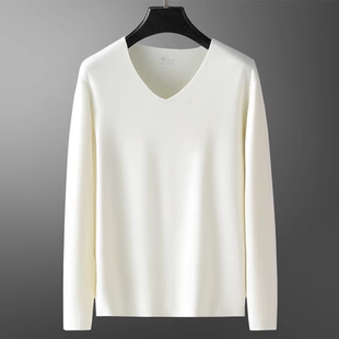 羽毛蛋白德绒保暖内衣男士秋季加绒秋衣V领长袖T恤无痕白色打底衫