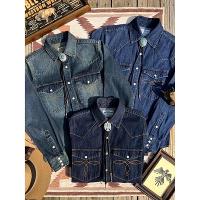 美式复古重磅长袖衬衣经典袋花RL风格宝石扣西部牛仔男士修身衬衫