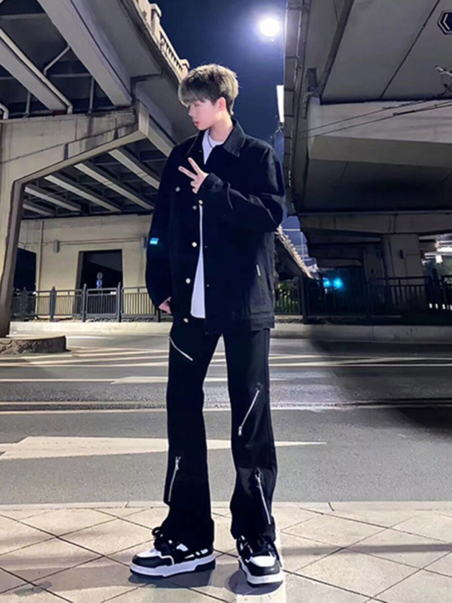 cleanfit微喇牛仔裤男款秋季美式高街痞帅宽松解构机能风长裤子潮