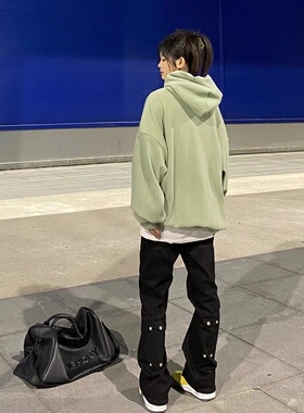 AHCN美式复古街头纽扣小众设计vibe风微喇牛仔裤休闲百搭长裤情侣